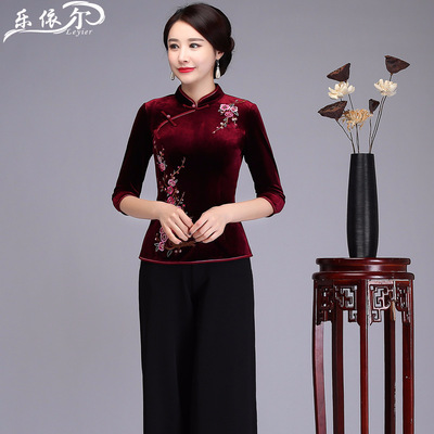 秋春夏款丝绒旗袍上衣短款女改良时尚中式妈妈装婚宴旗袍唐装两件套（女装）