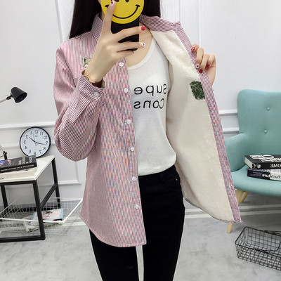 冬季女装新款保暖衬衣女韩版刺绣条纹学生mm长袖加绒加厚衬衫女服饰（女装）