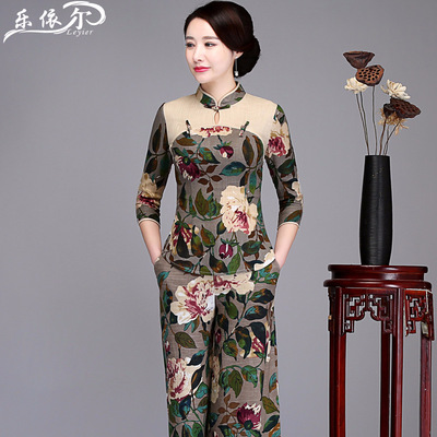 春唐装旗袍上衣女短款改良时尚复古民族亚麻七分袖妈妈装两件套（女装）
